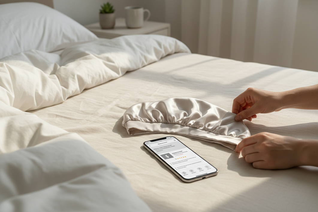 A sleep cap and product tags arranged on a bed beside a phone showing a shopping listing, illustrating how to check the fiber claim before buying.