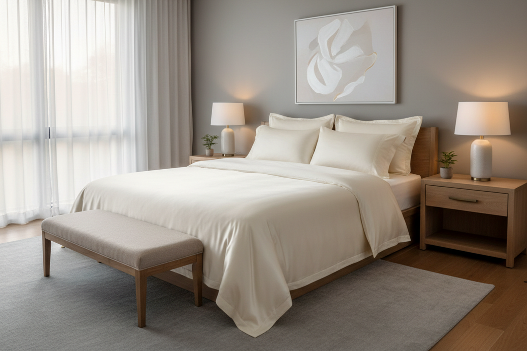 Silk bedding displayed on a neatly made bed in a bright bedroom, showing a complete bedding setup for product review.