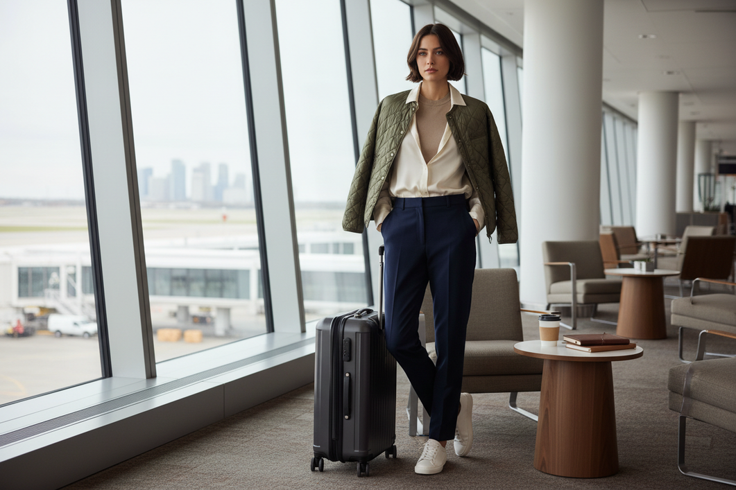 Women's silk button-up shirt styled for travel with a carry-on, showing a polished layered look in a bright airport setting