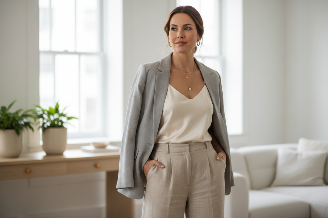 Silk camisole styled with a blazer and tailored pants for work layering