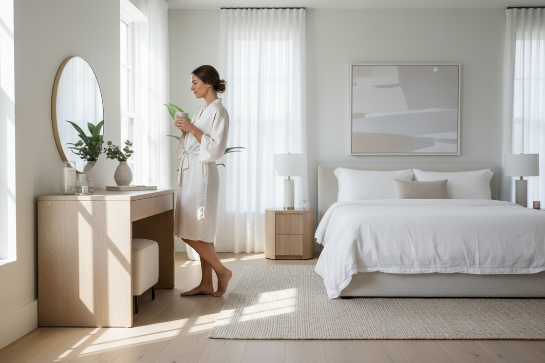 Silk bathrobe styled as a polished morning layer in a bright bedroom, worn open over sleepwear while standing near a vanity