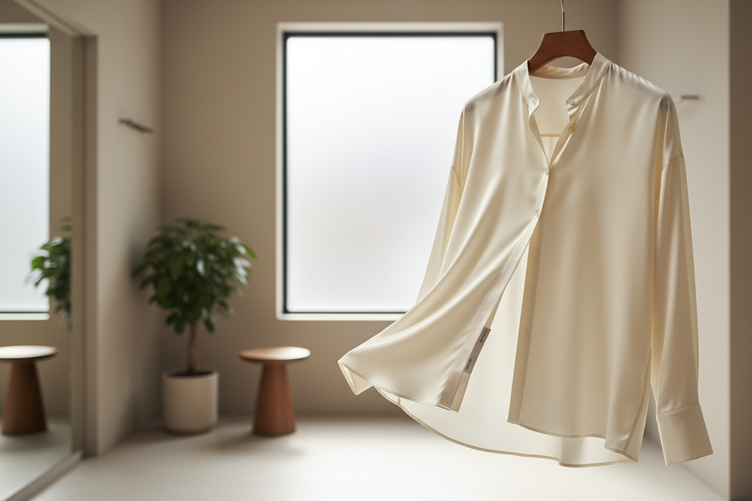 White silk blouse on a hanger with a close-up label tag visible near the neckline, illustrating how to read fiber content and care details