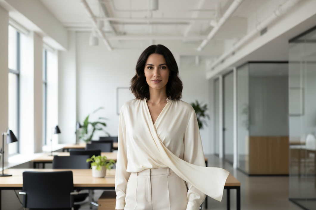 Silk blouse for women styled on a model in a bright office setting, showing a polished workwear look with a clean collar and relaxed drape.