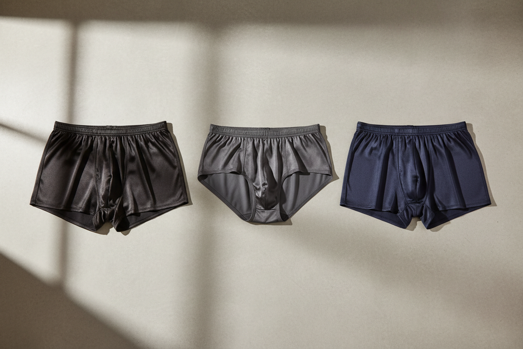 Men’s silk underwear arranged as a style comparison with boxers, briefs, and boxer briefs on a clean neutral surface