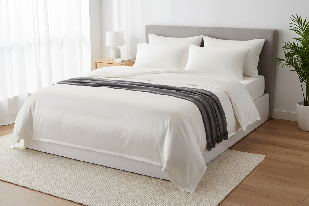 Silk bedding set styled on a neatly made bed in a bright bedroom, showing a smooth luxury sleep setup.