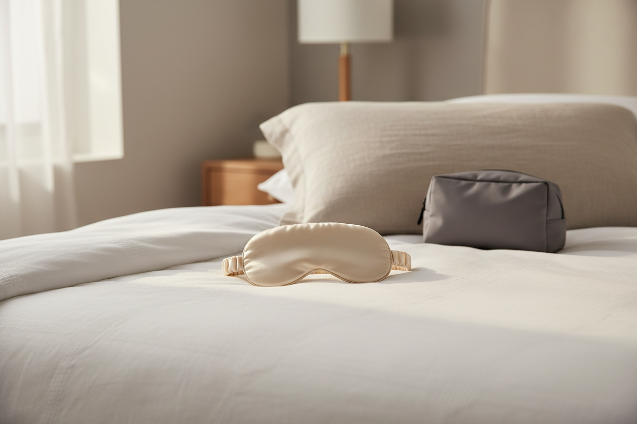 Silk sleep eye mask on a bed beside a pillow and travel bag, shown as a comfortable bedtime accessory for rest and travel.