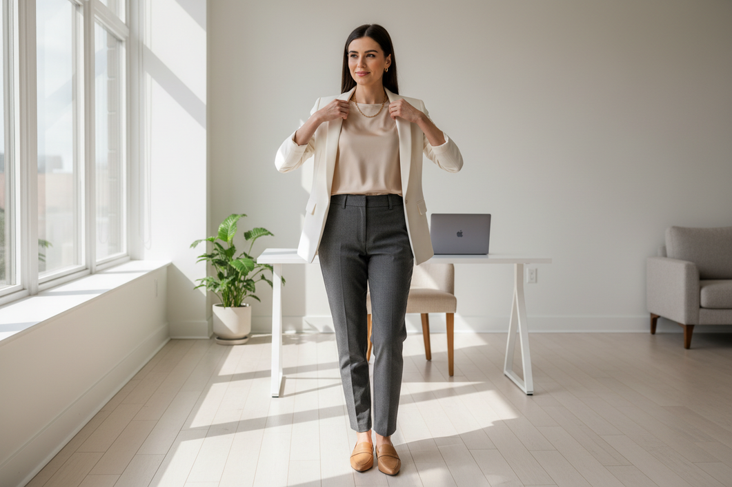 Woman styling a silk T-shirt with tailored pants and a blazer in a bright office setting