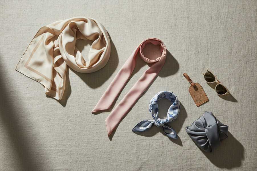 Silk scarf styling flat lay showing different square scarf sizes for neck, hair, and travel use