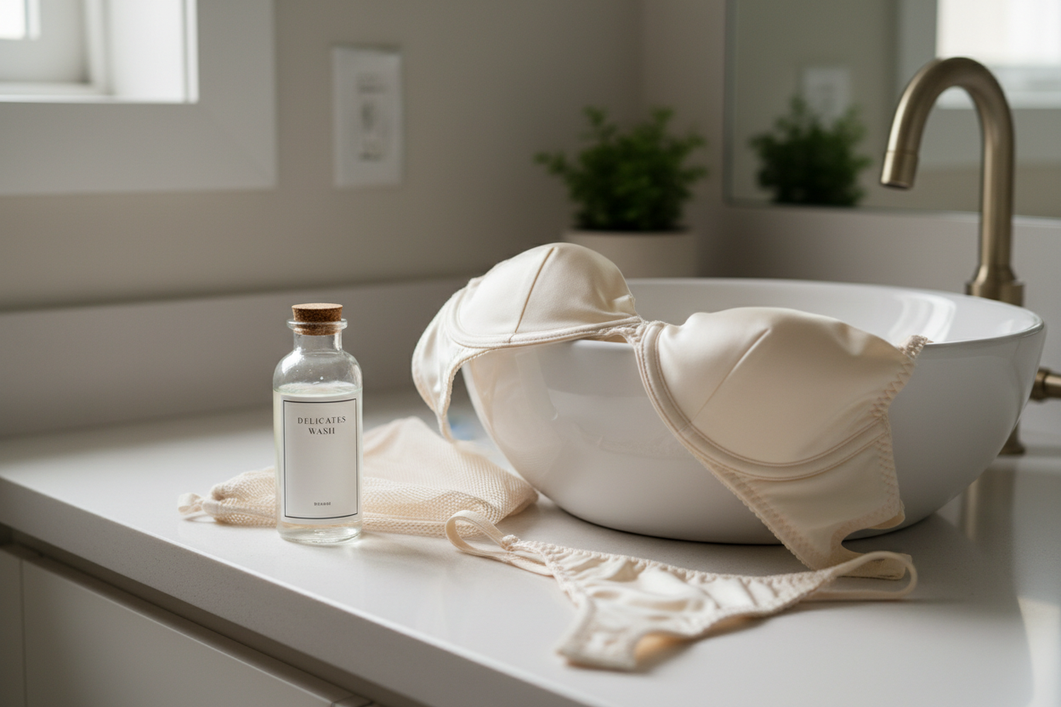 Silk lingerie care essentials laid out for a gentle wash routine: bra, panty, detergent, clean basin, and mesh bag on a tidy bathroom counter.