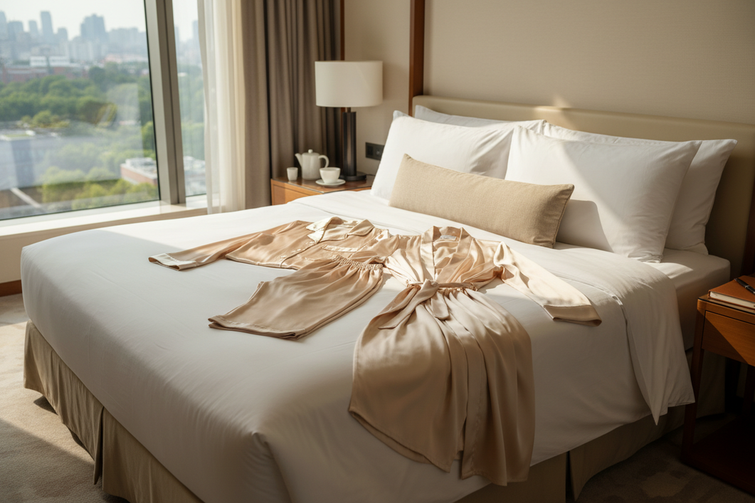 Silk honeymoon sleepwear styled on a bed with a matching robe and pajama set in a calm hotel room