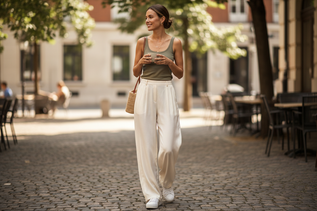 Woman styling silk pants with a simple everyday top and clean sneakers in natural daylight