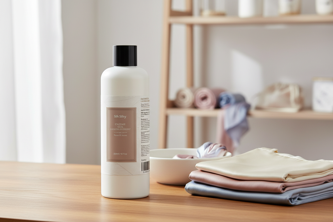 Gentle silk laundry detergent bottle on a clean bathroom counter beside folded silk lingerie and a delicate wash basin