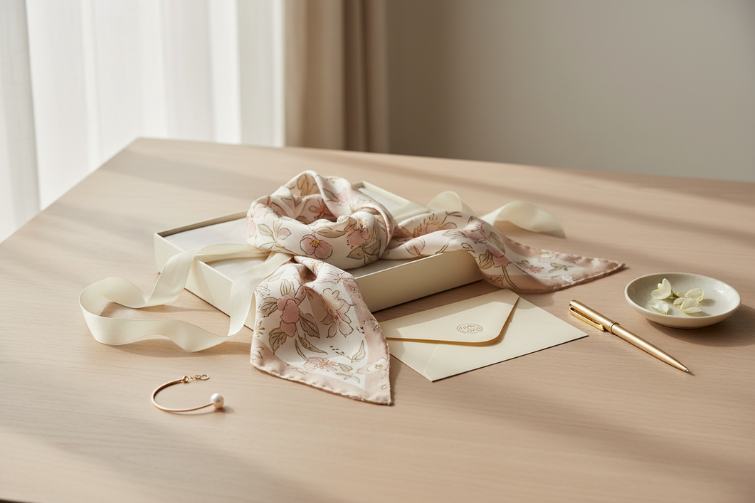 A silk scarf styled as a thoughtful gift on a neutral tabletop beside a wrapped present, perfume bottle, and handwritten card