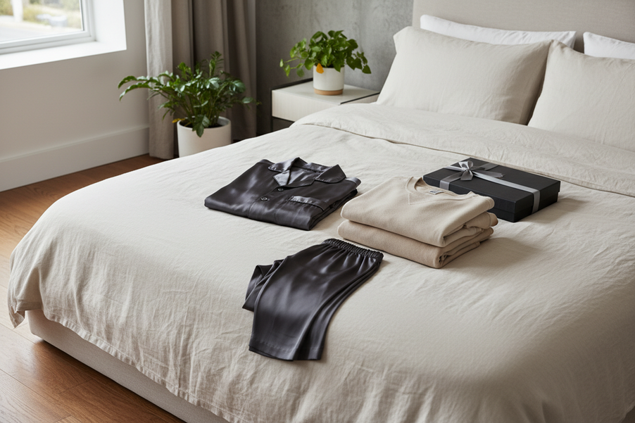Men's silk gift set styled for sleep and lounging on a bed in a modern bedroom