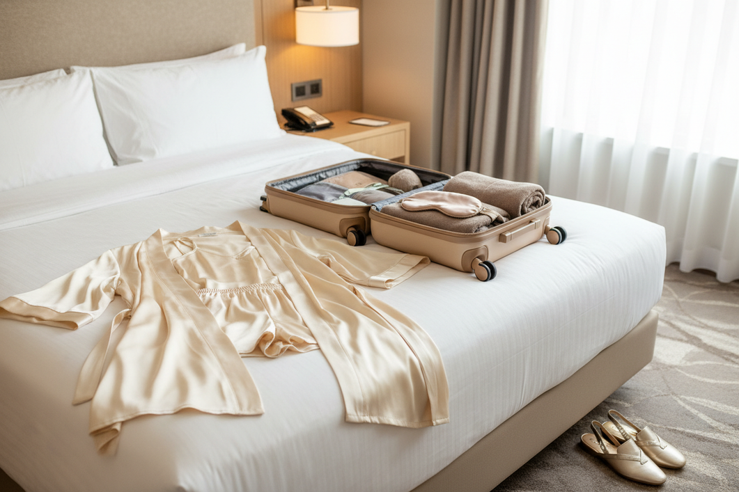 Silk pajama set and matching robe laid out on a bed beside a small travel suitcase