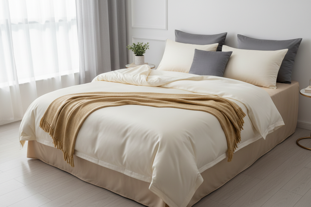 Silk bedding set laid out on a made bed with sheets, pillowcases, and a top layer visible