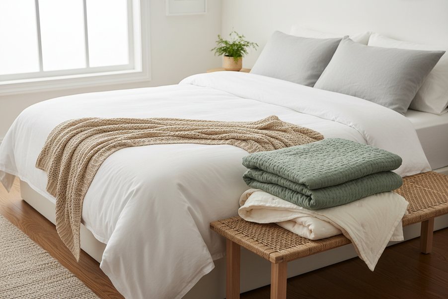 A neatly made bed with a soft bedding layer and a separate removable cover nearby, showing the difference between a filled layer and an outer shell