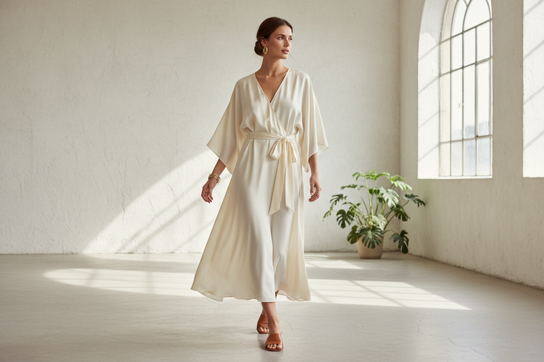 A polished summer outfit with one smooth dress on a neutral background, styled as a broad editorial fashion hero for comparing silk and linen