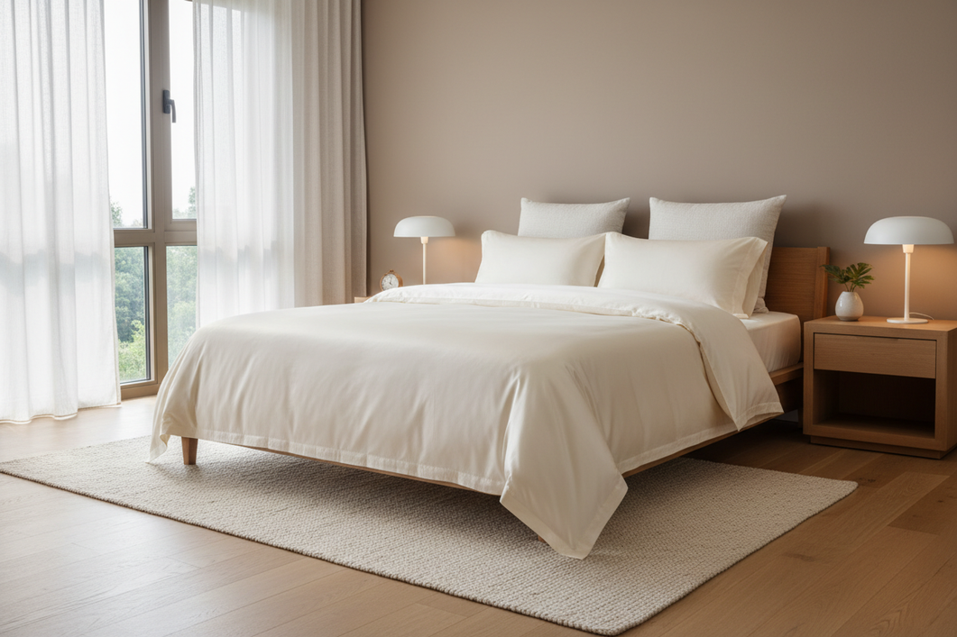 Silk bedding set arranged on a neatly made bed in a bright, warm bedroom