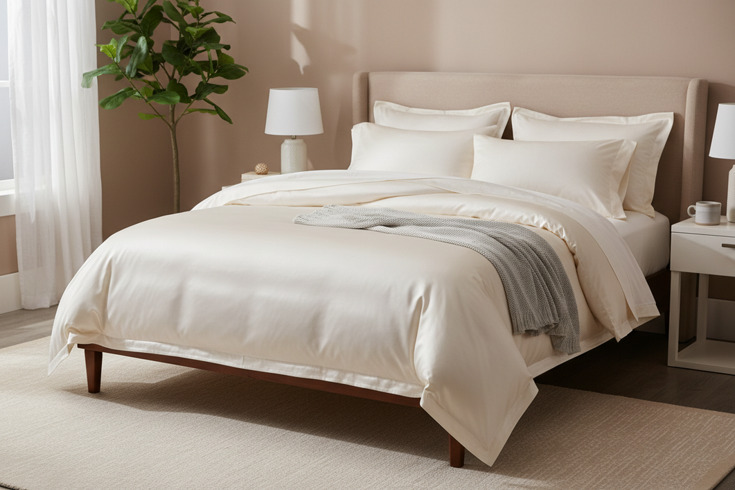 Silk bedding set styled on a neatly made bed with layered sheets and pillows in a bright bedroom