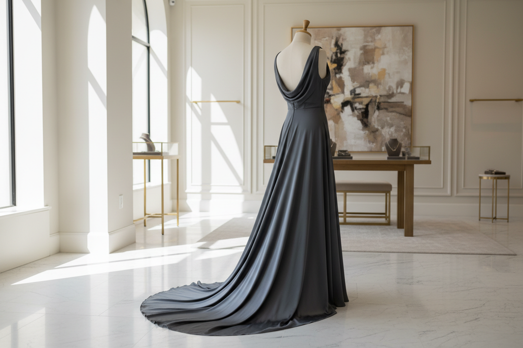 Silk gown on a mannequin in a softly lit boutique, showing the overall drape and formal look