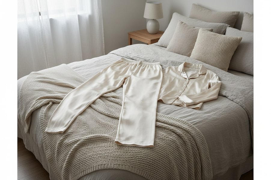 A silk pajama set laid out on a bed for a fit check, showing the waistband, rise, and leg lines before sleep