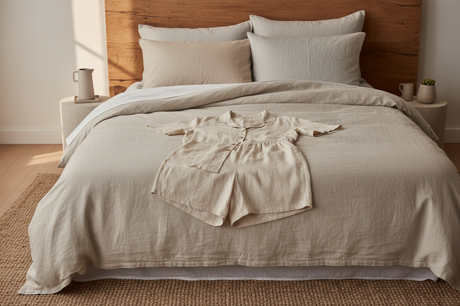 Silk pajama set laid out on a neatly made bed in a softly lit bedroom