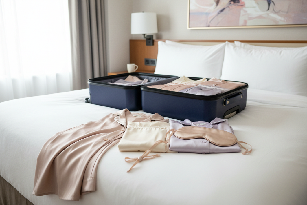 Silk pajamas and travel sleep mask packed neatly in a carry-on bag for a trip