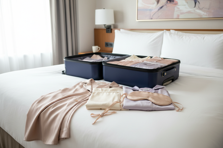 Silk pajamas and travel sleep mask packed neatly in a carry-on bag for a trip