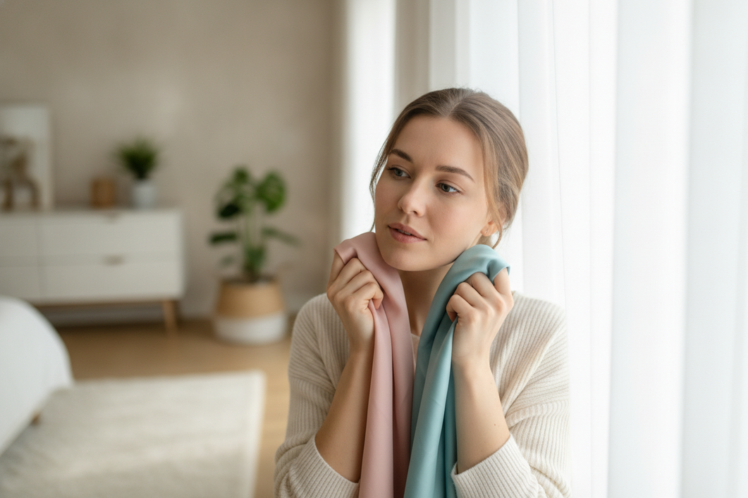 Woman in a light-colored silk scarf looking at her reflection in natural daylight to compare which clothing colors flatter her complexion.