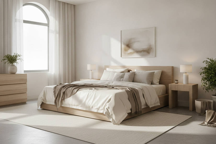 A calm bedroom with silk bedding in a neutral tone, styled to blend with light furniture and soft natural light