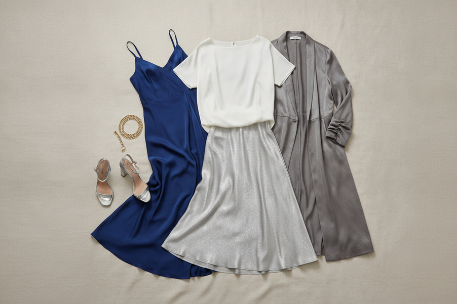 Elegant silk party capsule laid out as a coordinated outfit set for three evening invitations