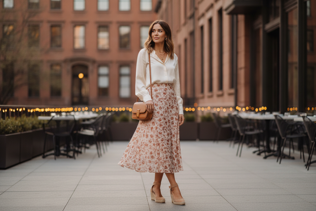 Polished summer first date outfit with a silk blouse and skirt, styled for a casual dinner setting