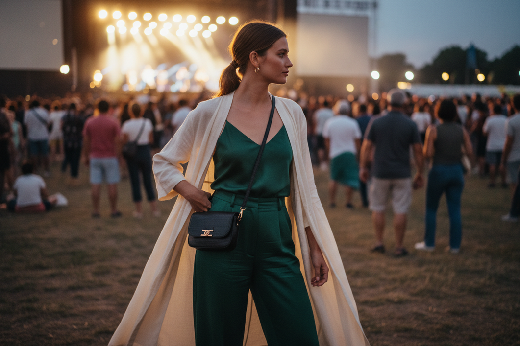Woman in a silk concert outfit standing at an outdoor evening concert venue with a light layer and compact bag, ready for a summer show