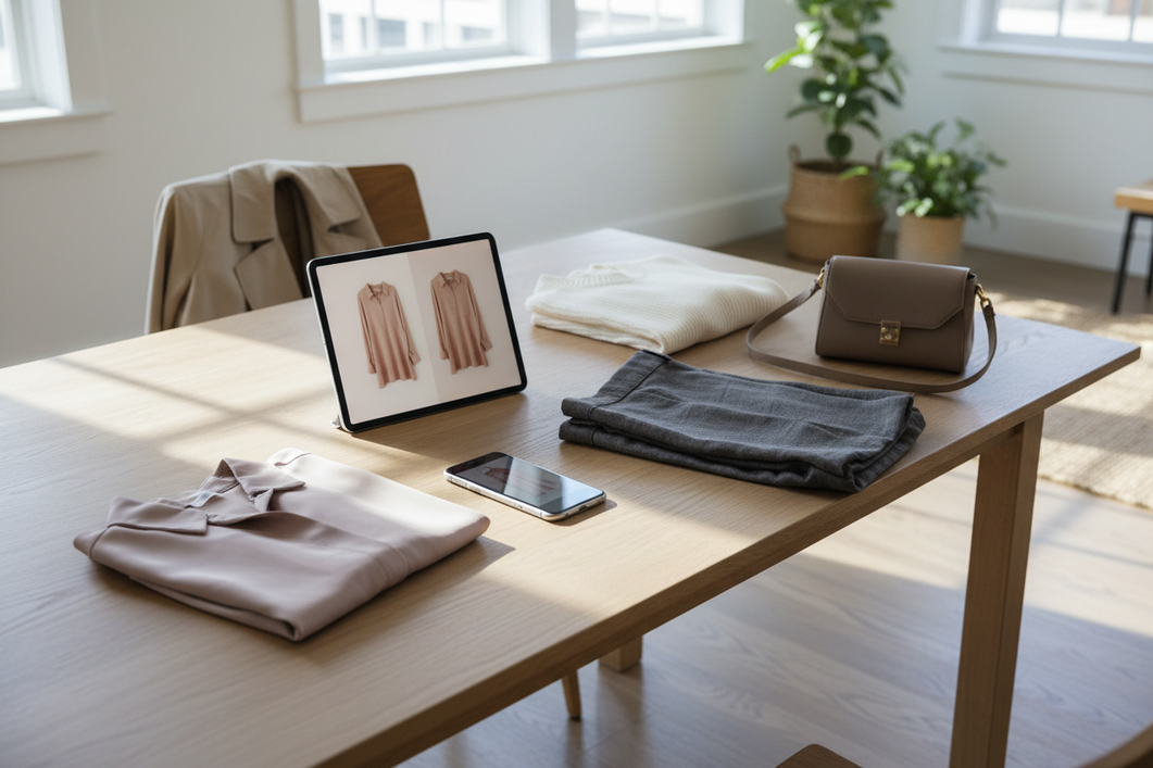 Silk clothing color comparison on a phone and tablet in soft daylight with a neutral garment beside warm indoor lighting items