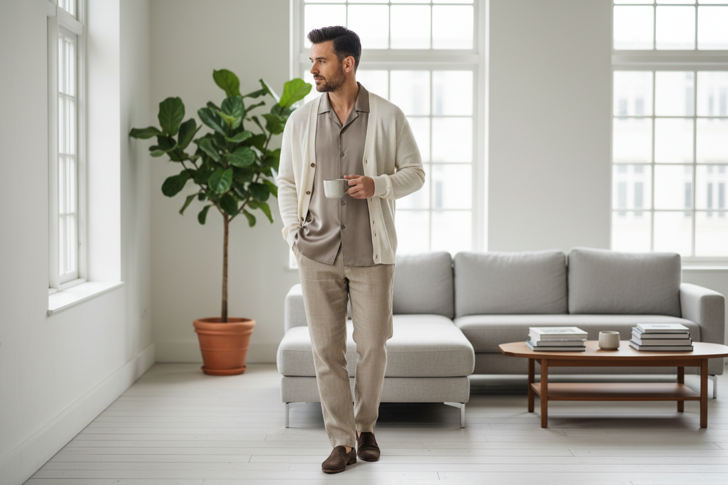 Men's silk shirt in a neutral color styled with trousers and a lightweight layer in a simple wardrobe setting