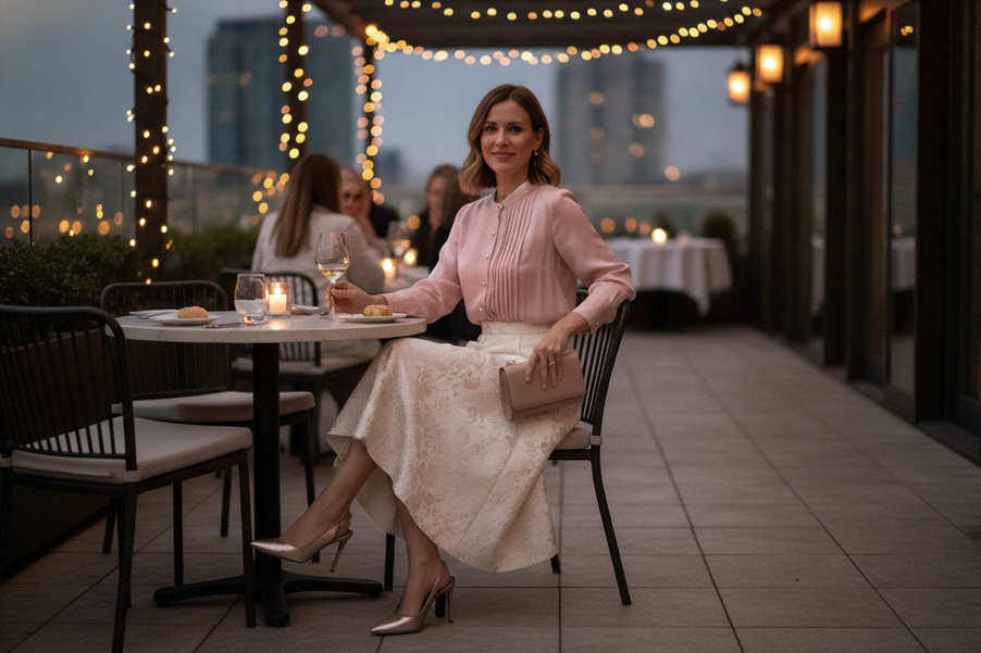 Silk blouse styled for a summer dinner date with a skirt, shown in an elegant evening setting