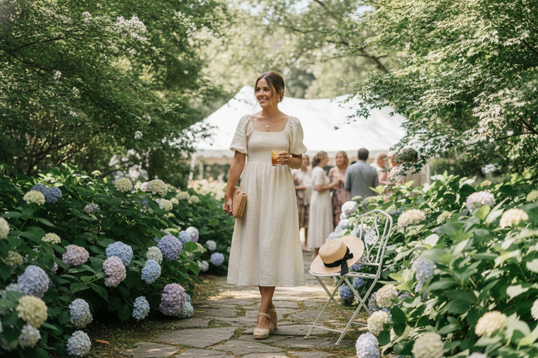 Woman in a polished daytime garden party outfit standing outdoors in a relaxed lawn setting, with a simple refined look and comfortable flat shoes