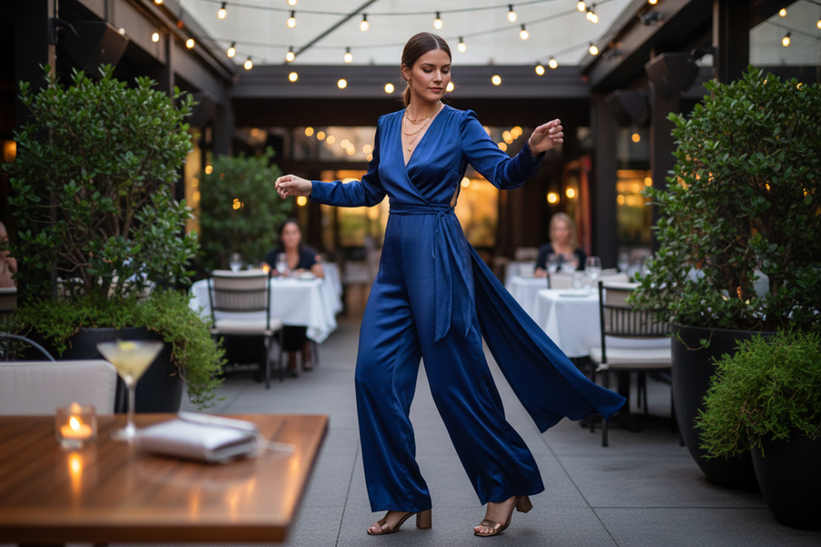 Comfortable silk party outfit styled for dinner and dancing in a softly lit evening setting