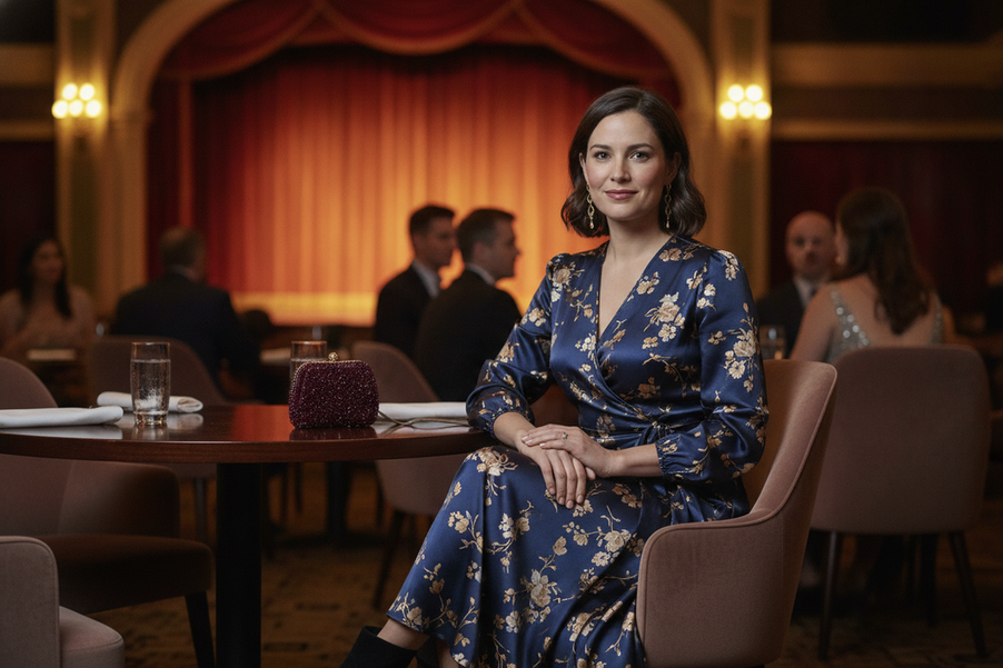 Elegant woman in a polished evening outfit for a dinner theater, seated at a table before a live show