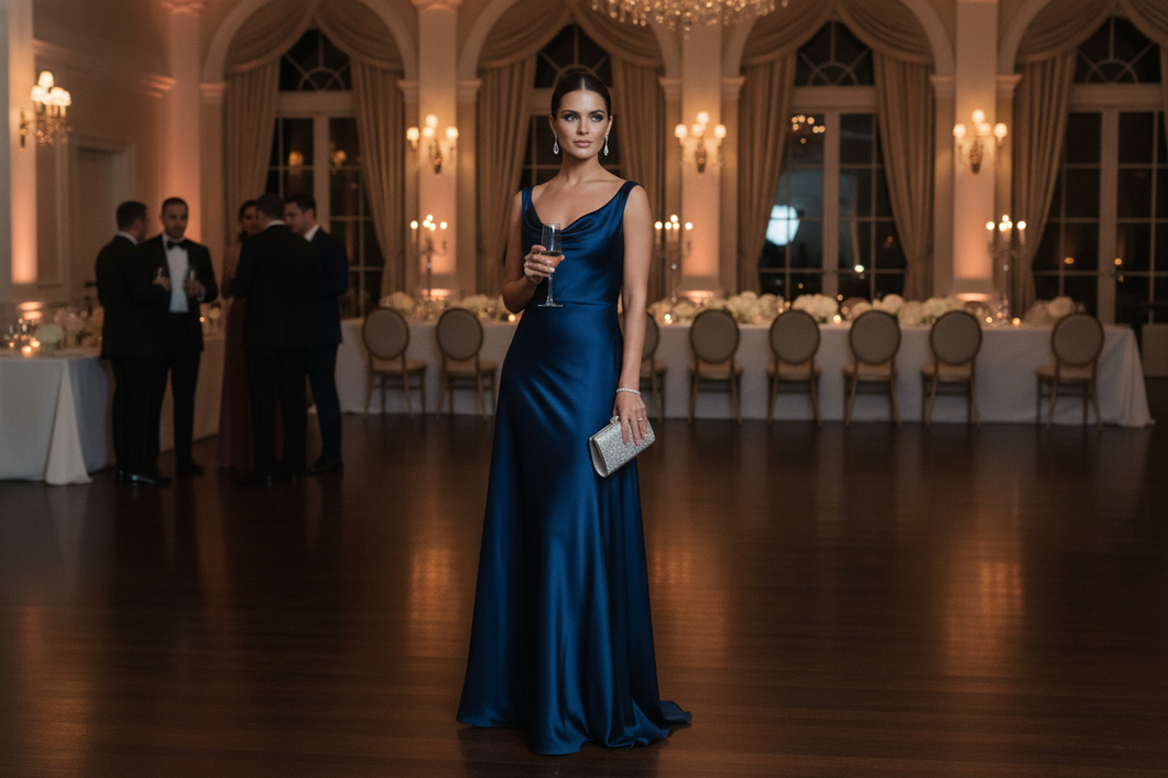 Woman in a floor-length evening dress at a formal wedding reception, viewed in a classic ballroom setting