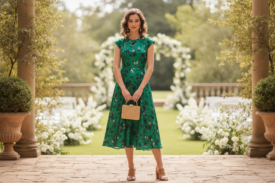 Woman in a refined summer wedding guest dress standing in an elegant outdoor setting