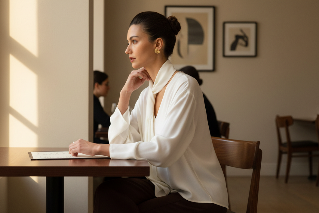 Elegant silk blouse styled for a first date with relaxed separates in a polished dinner-ready look