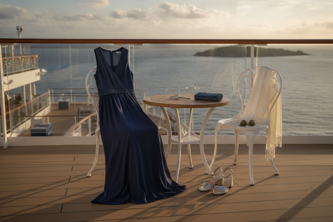 Cruise formal night outfit with a polished dress and light layer on a ship deck at sunset