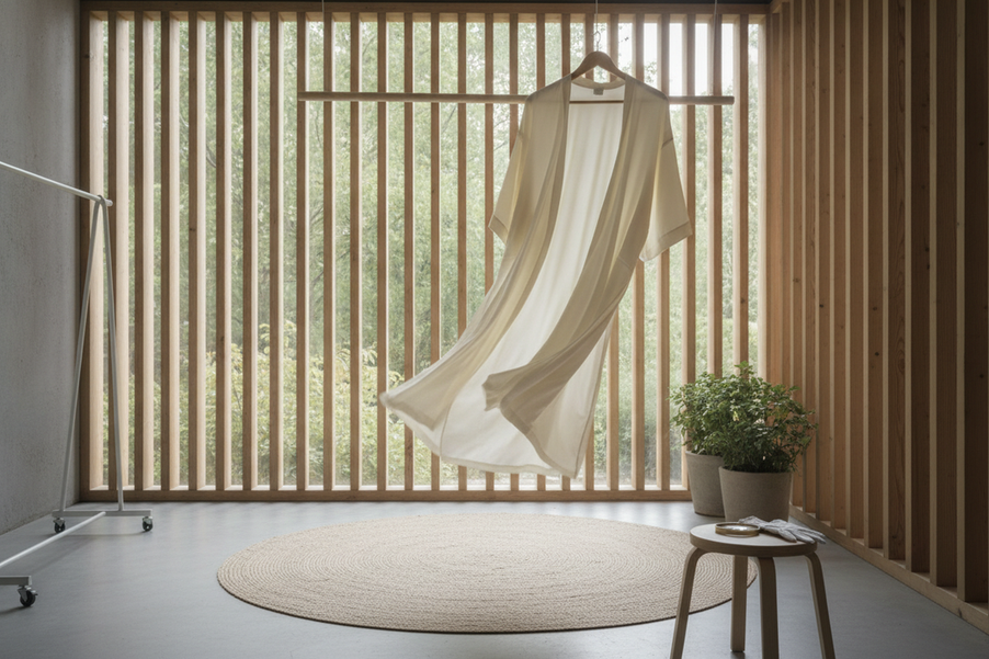 Silk garment hanging in shade with airflow after a summer day out, ready to dry and be checked before storage