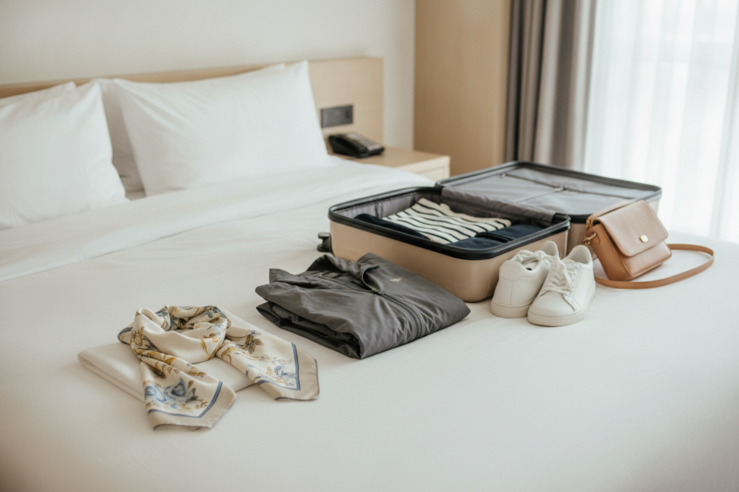 Silk travel scarf and light travel jacket styled as packing choices on a bed with a carry-on suitcase