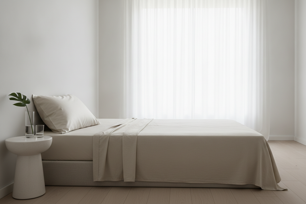 Silk pillowcase on a neatly made bed in a bright summer bedroom, styled as a simple sleep-surface hero image
