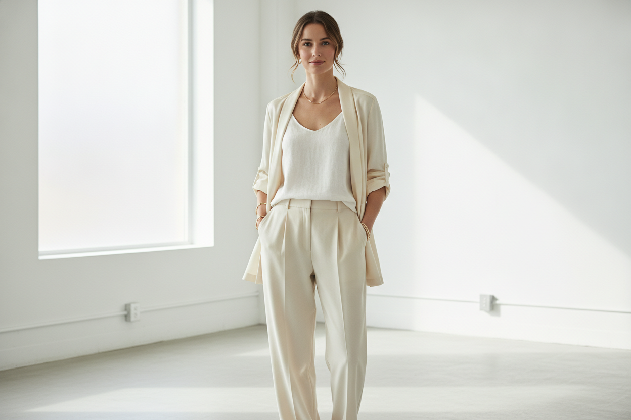 Lightweight silk jacket styled over a simple summer outfit in a bright indoor setting