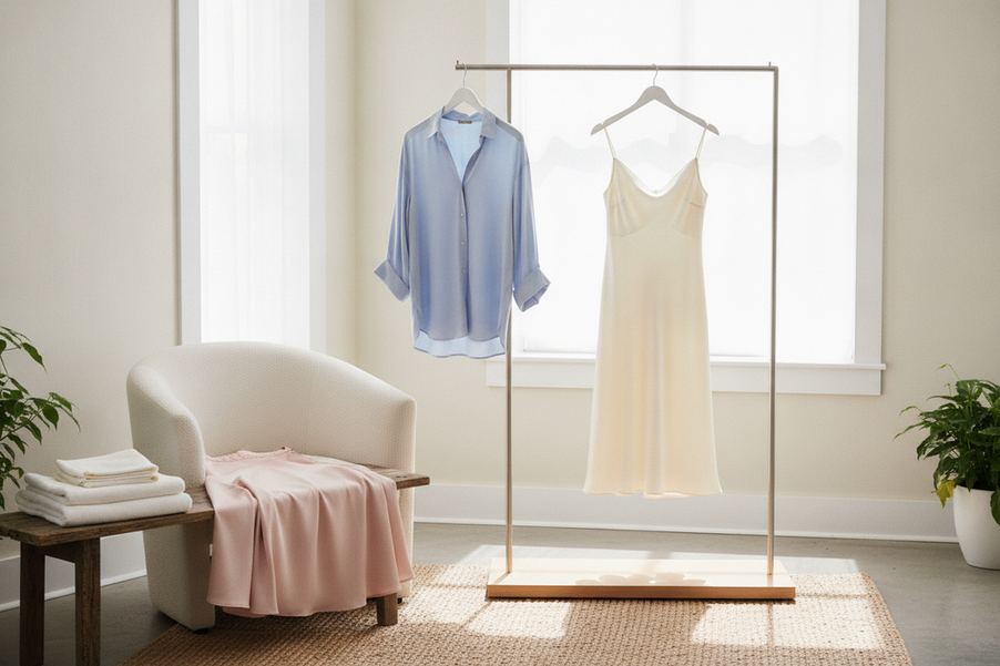 Summer silk dress, blouse, and skirt styled together as a lightweight apparel collection for warm-weather shopping