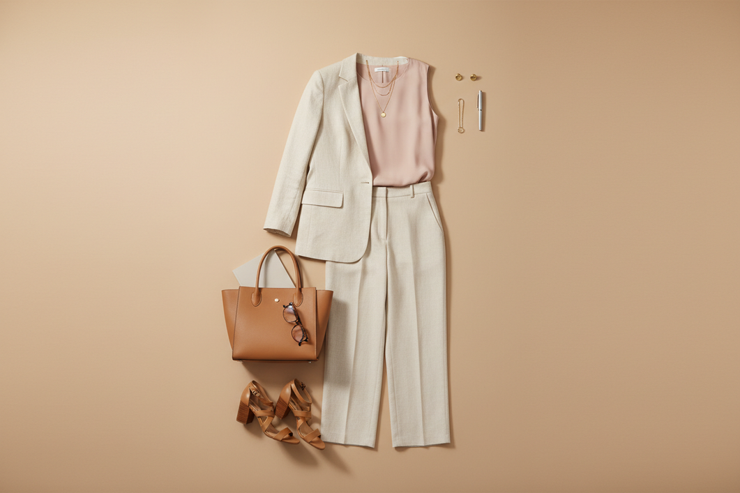 Professional summer interview outfit for women with tailored trousers and an opaque blouse on a neutral studio background
